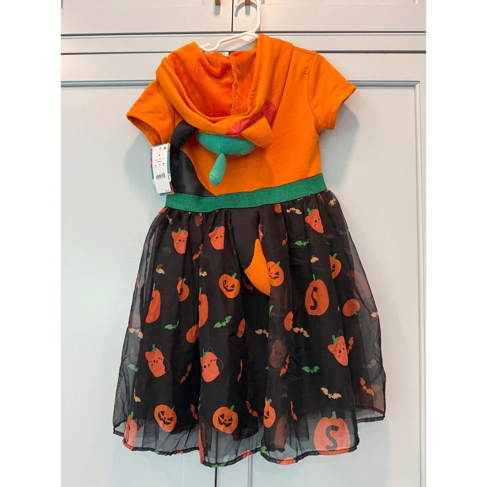 NWT Squishmallows Halloween Pumpkin Hooded Tulle Dress Girls Medium 7/8 Orange